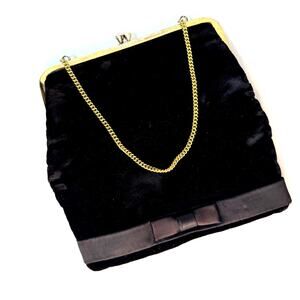 Vintage 1960s Evening Bag Black Velvet Satin Bow Whimsigoth Coquette Girl Formal